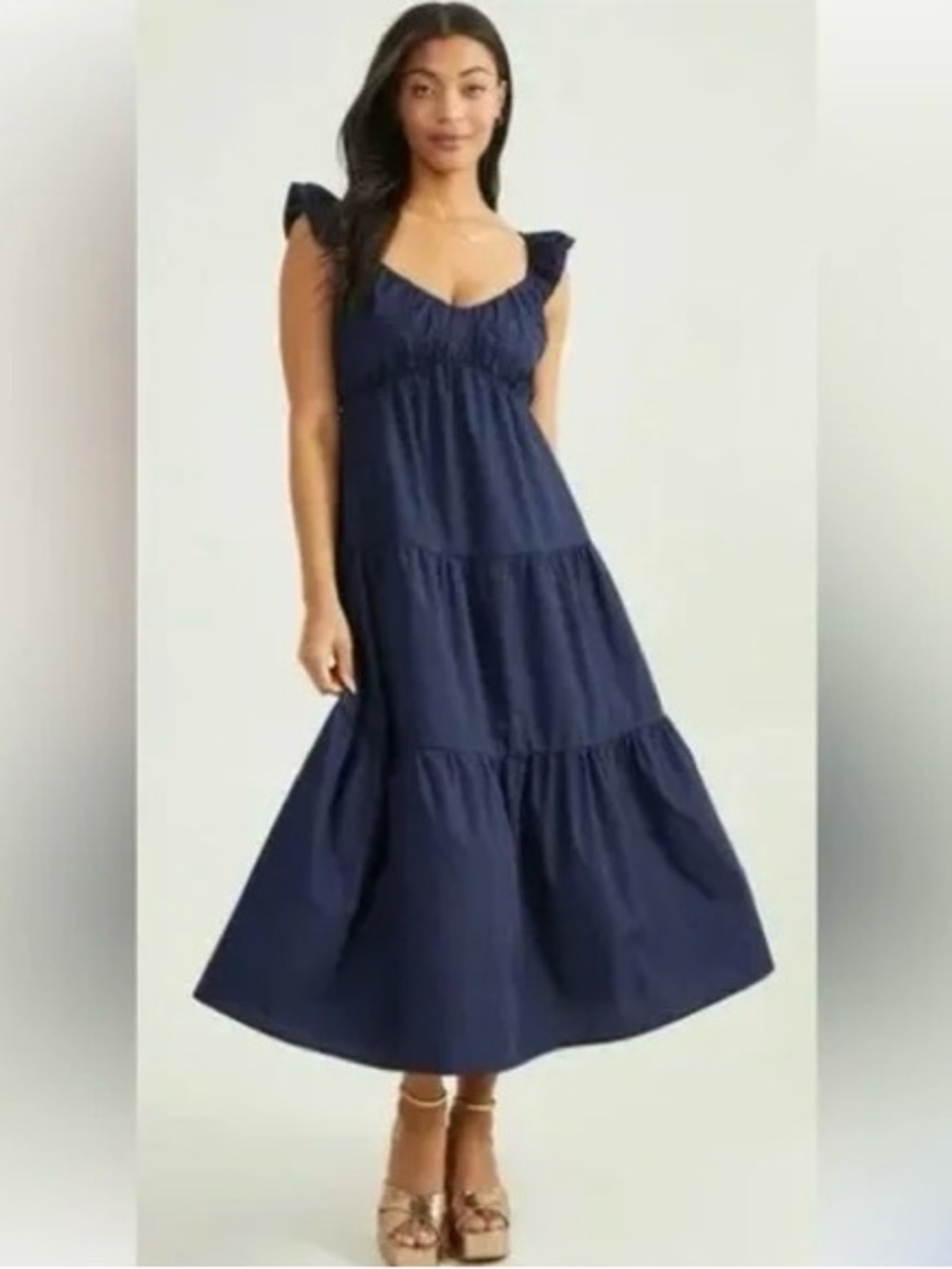 Altar'd State Flutter Sleeve Maxi Dress in Navy Blue